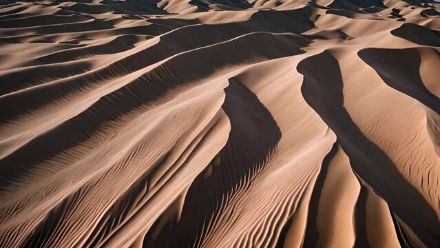 Shadowed ridges on vast desert sand dunes