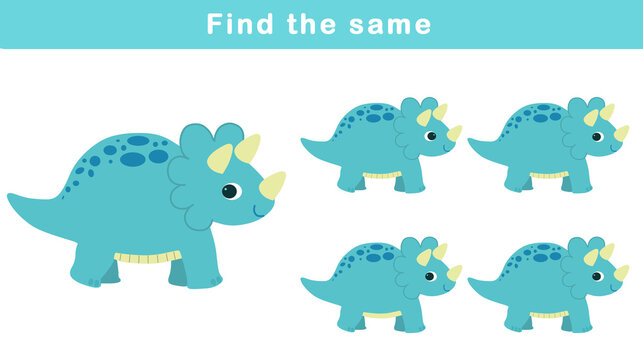 Find same picture worksheet for kids. Worksheet for kids kindergarten, preschool and school age. Education game for children with cute dino illustration. © G.rena