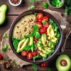 healthy salad with quinoa and avocado in a bowl.