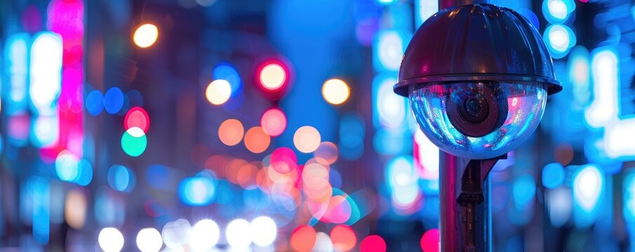 CCTV security camera on a pole, blurred city on the background