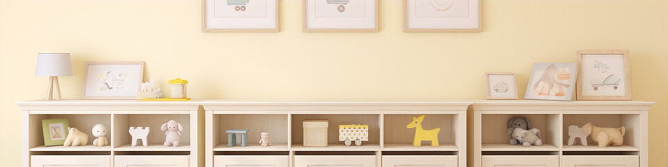Cute baby room interior with pastel colors and wooden toys