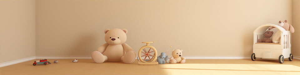 Cute teddy bears and wooden toys in a bright, sunny nursery. - obrazy, fototapety, plakaty