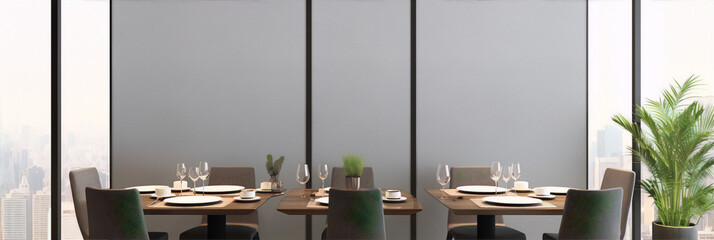 Fine dinning room with a city view - obrazy, fototapety, plakaty