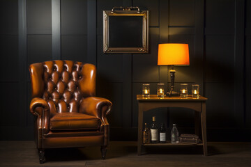 Elegant chesterfield armchair and side table with lamp and bottles.