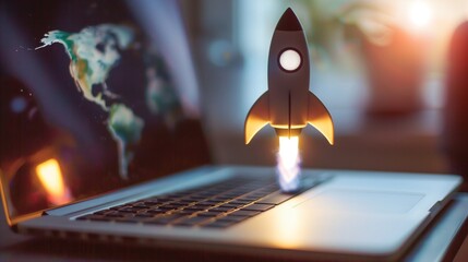 Sleek, futuristic rocket blasting off from an open laptop screen, symbolizing a dynamic and powerful concept for launching a successful startup business in the tech industry. - obrazy, fototapety, plakaty