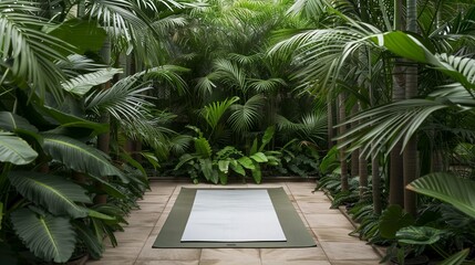 A serene yoga mat lies on floor, surrounded by a lush green forest setting, inviting tranquility and mindfulness for a peaceful meditation retreat and wellness practice. - obrazy, fototapety, plakaty