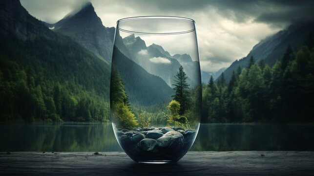a glass with rocks and trees in it