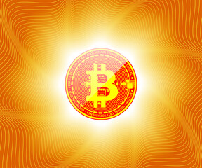 Very beautiful gold coin of digital currency bitcoin in the rays of light and with reflection on the surface on a bright orange abstract geometric background of smooth lines