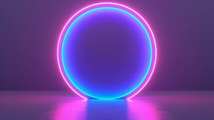 Obraz premium Vibrant neon ring glowing in a gradient of pink and blue on a minimalistic dark background. Studio digital art for design and print. Modern and minimalist concept