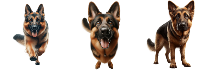 Cut-Out Set of German Shepherds Running, Jumping, Happy, and Sad on Transparent Background
