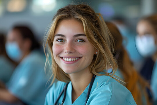 smiling cheerful nurse doctor sit relax in seminar training class nurse doctor group happiness positive face expression in education class hospital background