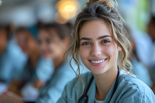 smiling cheerful nurse doctor sit relax in seminar training class nurse doctor group happiness positive face expression in education class hospital background
