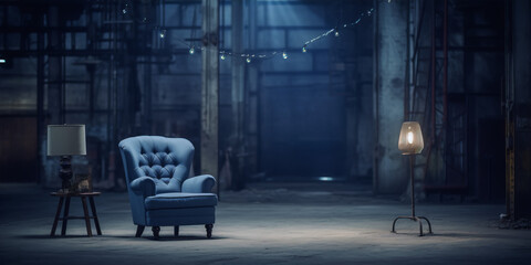 Blue velvet armchair and retro lamp in dark studio with concrete columns