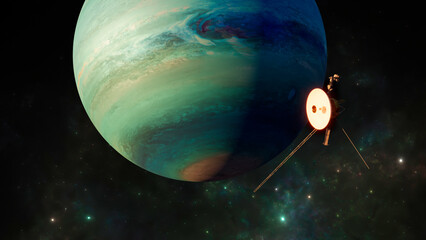 View of the planet Neptune. Voyager probe in exploration around the planet. Solar system. 3d rendering. Element of this image is furnished by Nasa  © Naeblys