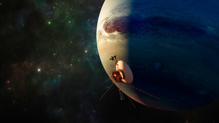 View of the planet Neptune. Voyager probe in exploration around the planet. Solar system. 3d rendering. Element of this image is furnished by Nasa
