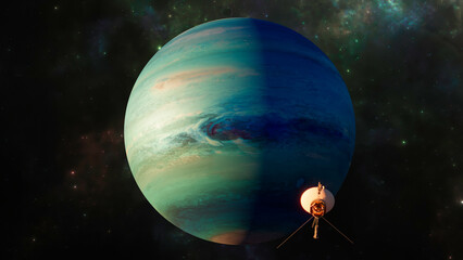 View of the planet Neptune. Voyager probe in exploration around the planet. Solar system. 3d rendering. Element of this image is furnished by Nasa  © Naeblys