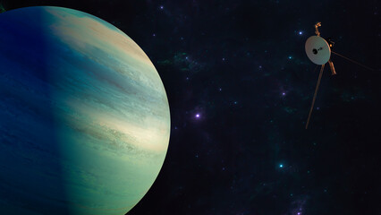 View of the planet Neptune. Voyager probe in exploration around the planet. Solar system. 3d rendering. Element of this image is furnished by Nasa  © Naeblys