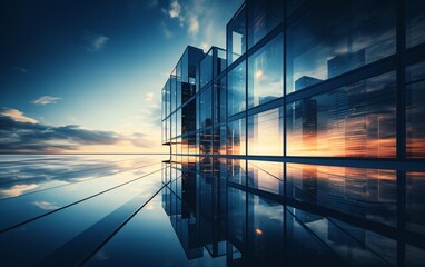 a glass building with a reflection of a city