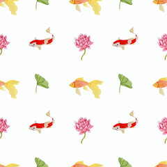 Summer watercolor pattern with carps, goldfish, lotuses