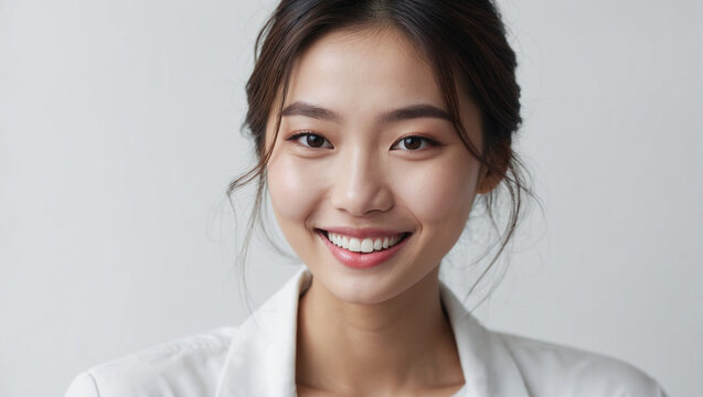 Closeup photo portrait of a beautiful young korean instagram model woman smiling with white teeth
