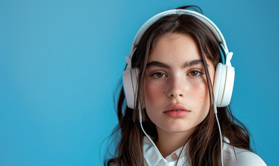 studyjne zdjęcie nastolatki w białych słuchawkach na niebieskim tle, portret i dużo tła