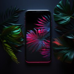 a cell phone with a pink lit screen and green leaves