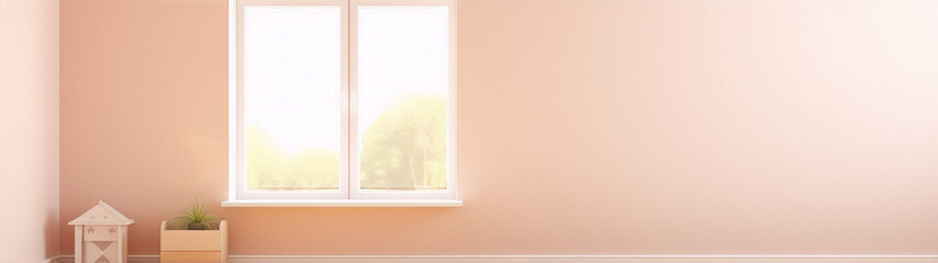 Peach colored empty room with large bright window and plant