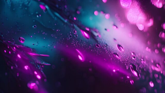 Water droplets on glass with pink and blue bokeh lights. background with bubbles. Smooth soft vaporwave effect purple background