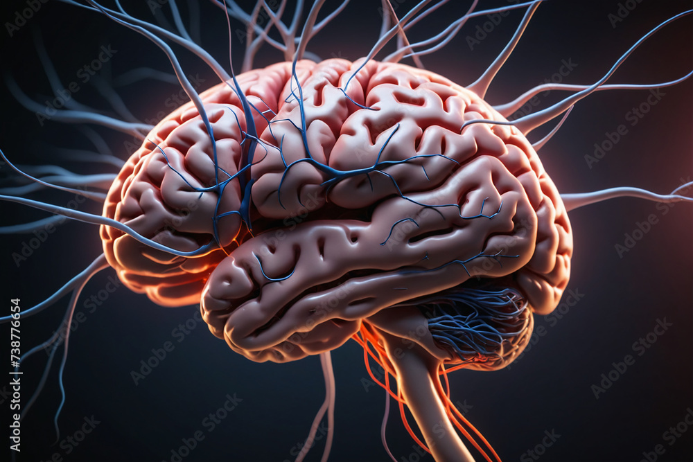 Poster Close up of human brain showing neurons firing and neural extensions - Concept for idea and brainstorming