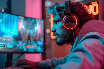 Obraz premium A furry-headed man intently gazes at his computer screen, lost in a digital world of sound and imagery as he captures a screenshot of his indoor escapades