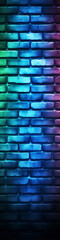 Blue and purple brick wall with glowing green and pink neon lights