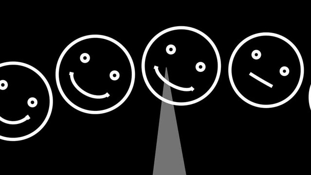 Emoticons Scale with sad happy emojis. Mood change, customer Feedback rating and variable feelings changing. Symbol animation in black background 