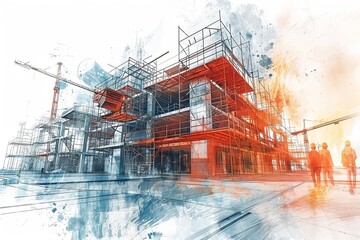 Building construction engineer illustration with double exposure graphic design and Building engineers, architect people or construction workers working