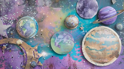 Celestial Mixed Media Background with Planets and Galaxies.