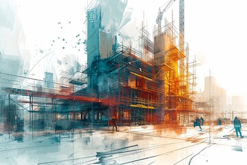 Building construction engineer illustration with double exposure graphic design and Building engineers, architect people or construction workers working - obrazy, fototapety, plakaty