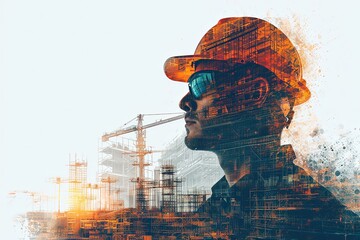Building construction engineer illustration with double exposure graphic design and Building engineers, architect people or construction workers working - obrazy, fototapety, plakaty