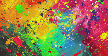 vibrant and colorful abstract painting texture background with a dynamic mix of splashes, drips, and smears of paint in various bright colors with a sense of movement and chaos