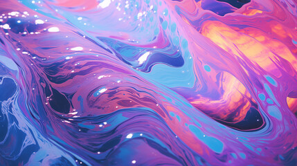 Holograficzna tapeta opalowa - technika i sztuka. Niebieskie, różowe i fioletowe odcienie tła cieczy o nieregularnych kształtach. - obrazy, fototapety, plakaty