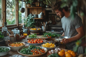 Obraz premium A person stands in an indoor kitchen, preparing a meal with fresh, local produce from the vegetable buffet, surrounded by natural whole foods as the sunlight streams in through the window
