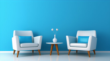 Two white armchairs with blue pillows face each other with a round table between them against a blue background.
