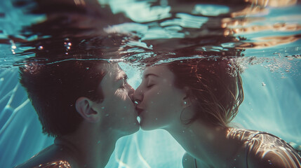 A couple kissing in the water