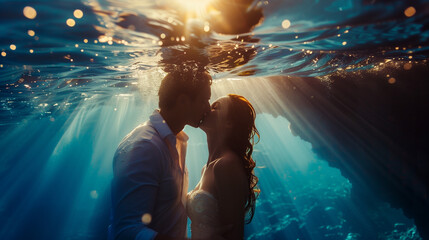 A couple kissing in the water