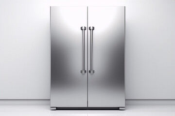 A stainless steel refrigerator with two doors and silver handles stands in a white room. - obrazy, fototapety, plakaty