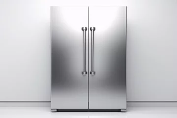 Foto op Plexiglas A stainless steel refrigerator with two doors and silver handles stands in a white room. © mardiaek