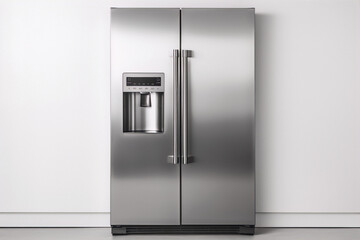 A stainless steel french door refrigerator with a water and ice dispenser. - obrazy, fototapety, plakaty