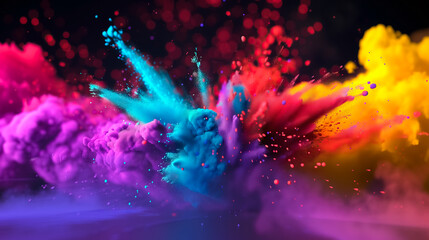 vibrant and dynamic explosion of colored powders with pink, blue, red, and yellow for holi festival on dark background - obrazy, fototapety, plakaty
