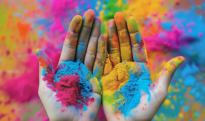 both hands covered in bright colorful holi colors while celebrating holi festival - obrazy, fototapety, plakaty