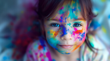 portrait of cute baby girl playing and covered in holi colors and celebrating holi festival