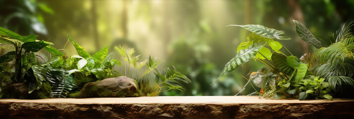 lush green foliage and plants on a wooden table with a blurred background of a jungle - obrazy, fototapety, plakaty