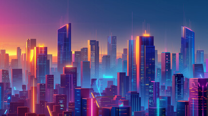 Fototapeta premium modern open space office interior in a neon cyberpunk style, blurred to suggest activity and vibrancy.